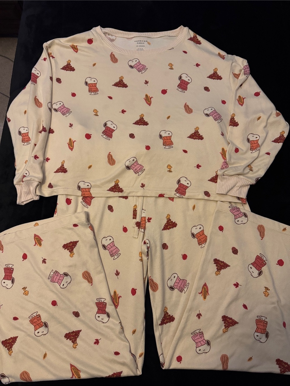 American Eagle Outfitters Cream Snoopy Fall Print Pajama Set